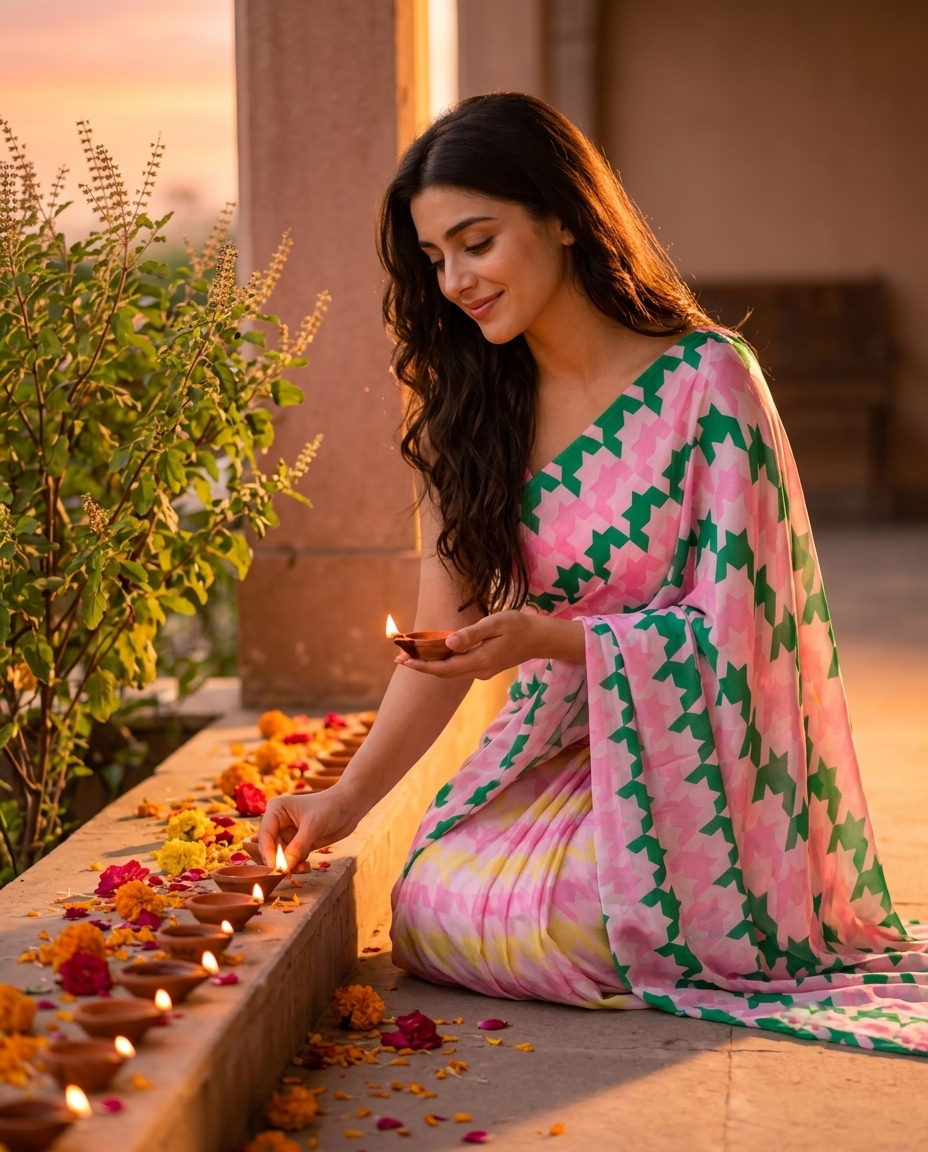 A woman in a pink and green patterned saree lights diya oil lamps on a stone ledge outdoors at sunset, with flowers scattered around and warm golden light illuminating the scene.festival, karwachauth