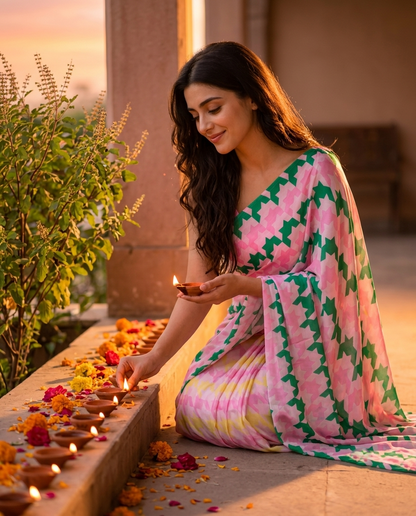 A woman in a pink and green patterned saree lights diya oil lamps on a stone ledge outdoors at sunset, with flowers scattered around and warm golden light illuminating the scene.festival, karwachauth