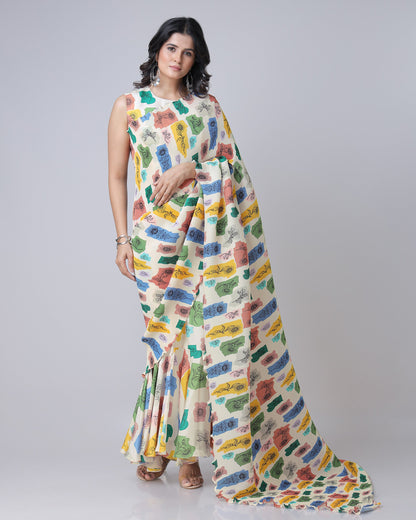 Beige Abstract Floral Pre-Draped Gown Saree With Pleated Pallu