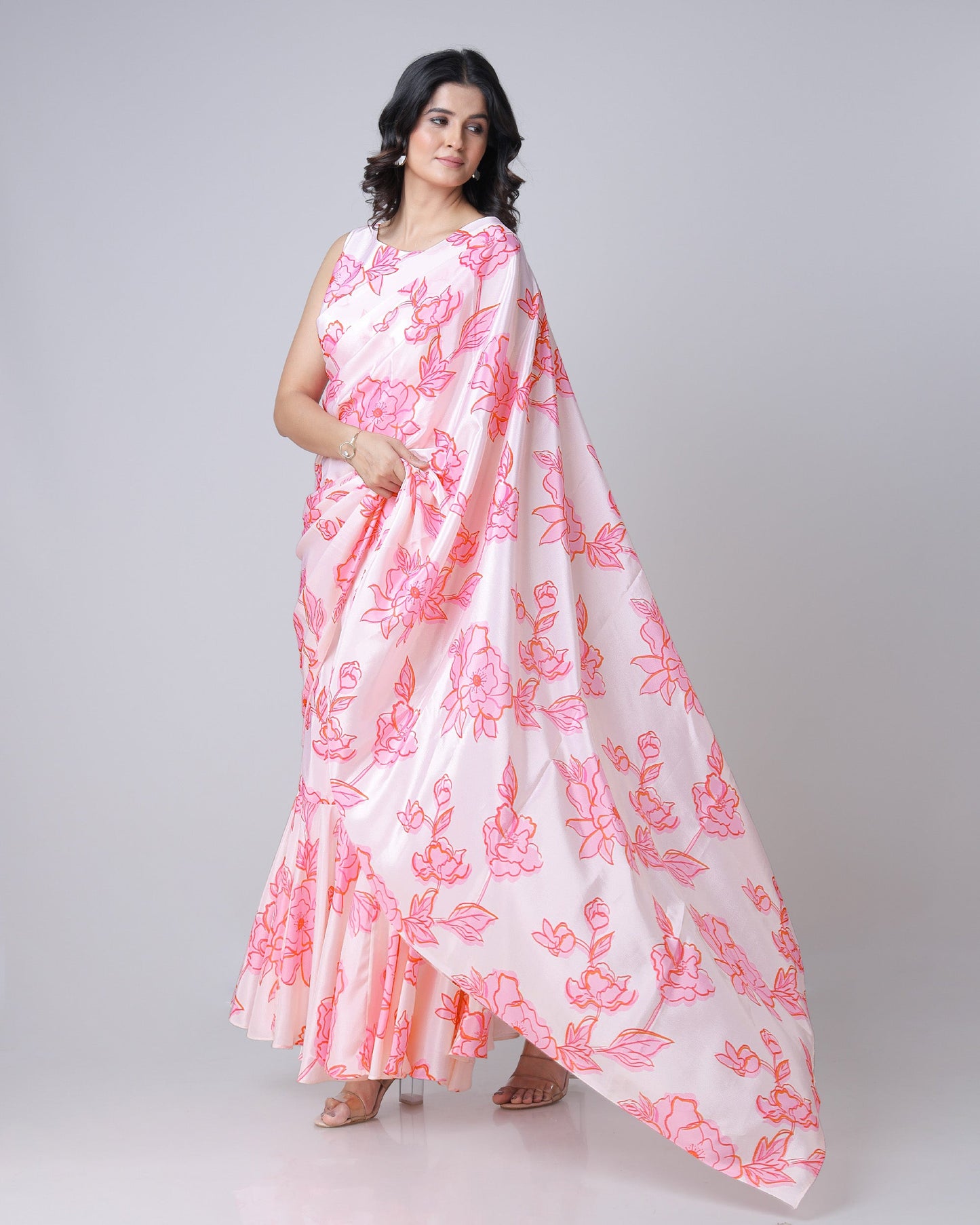 Beautiful White And Pink Floral Pre-Draped Gown Saree For Festive Season