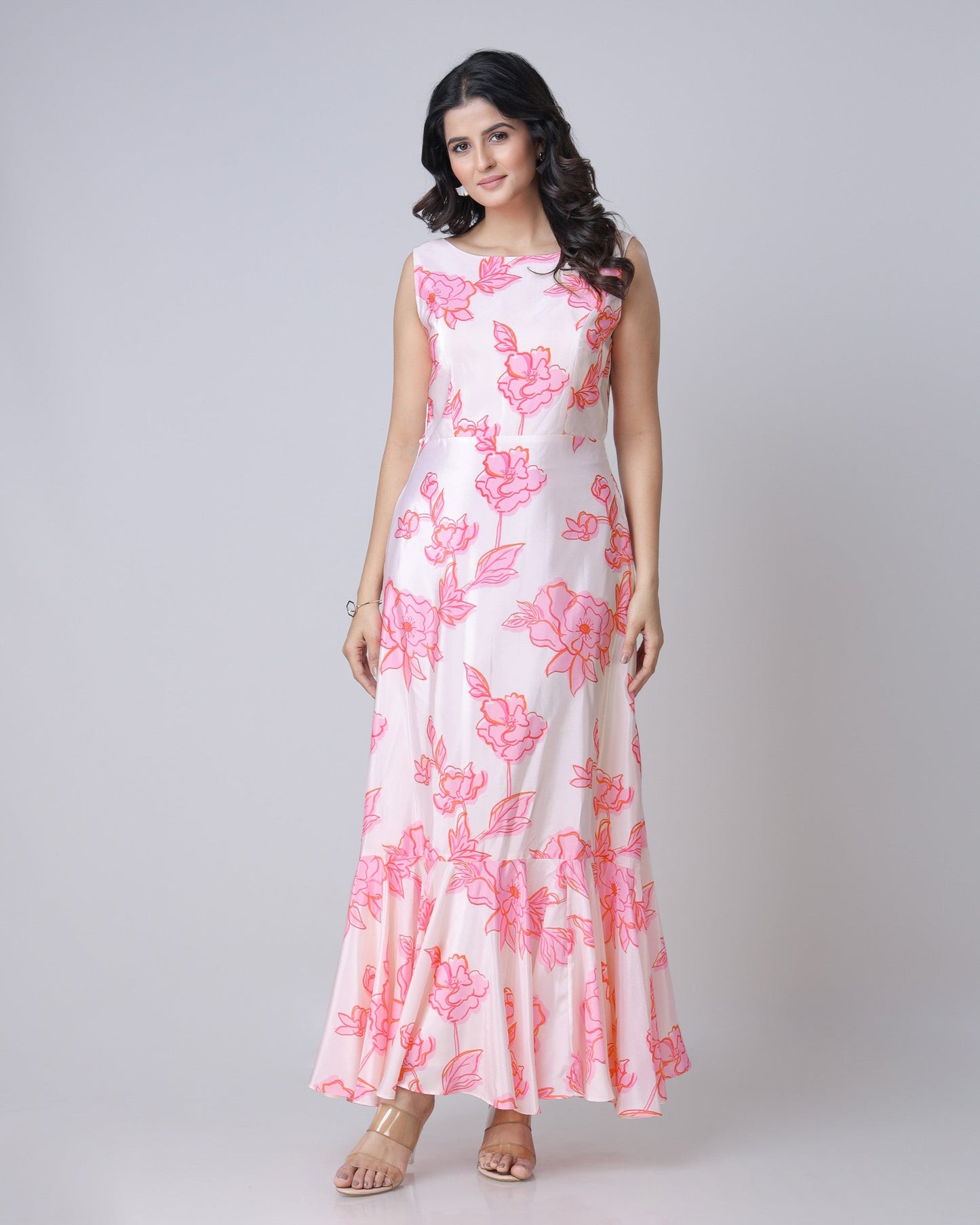 Beautiful White And Pink Floral Pre-Draped Gown Saree For Festive Season