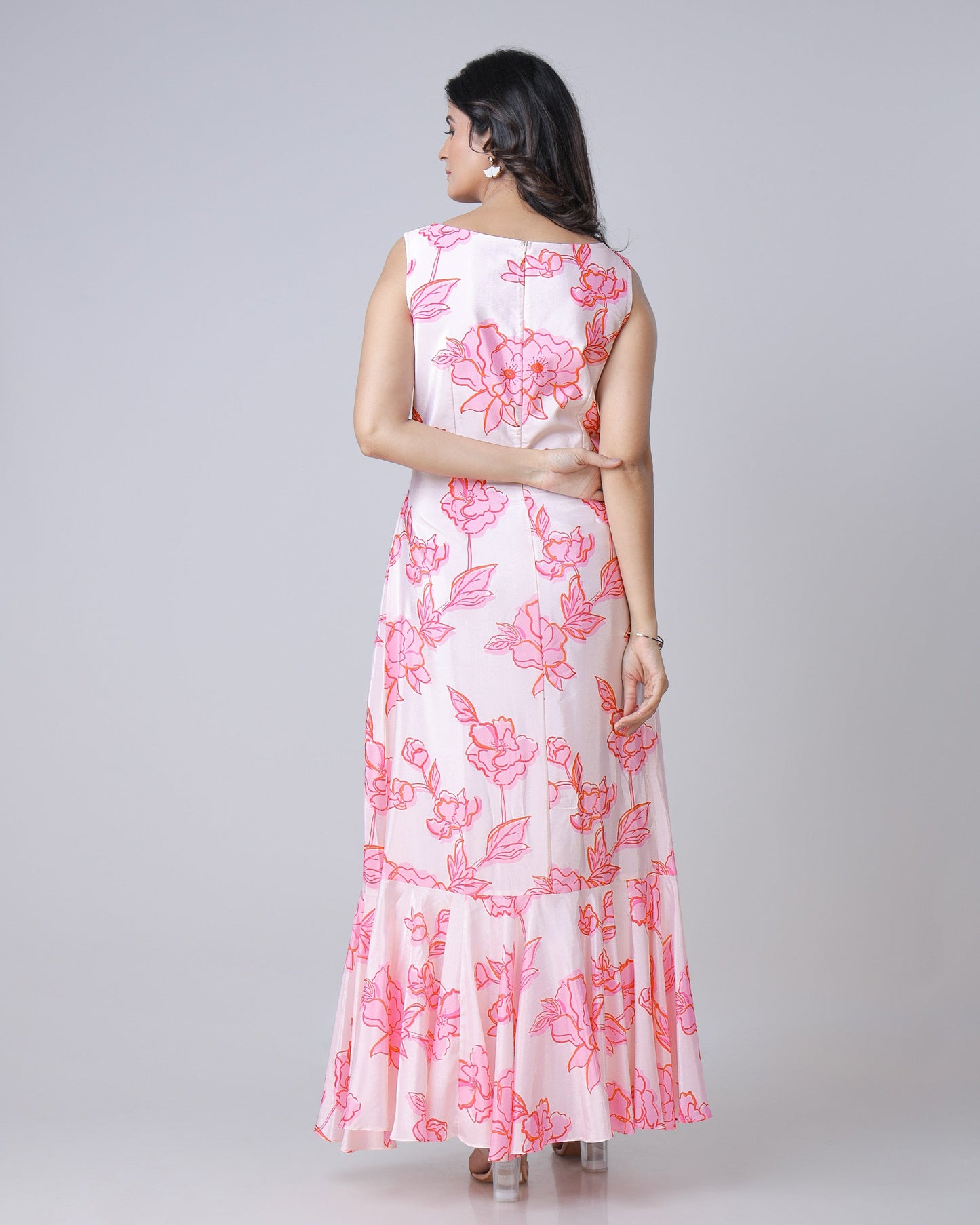 Beautiful White And Pink Floral Pre-Draped Gown Saree For Festive Season