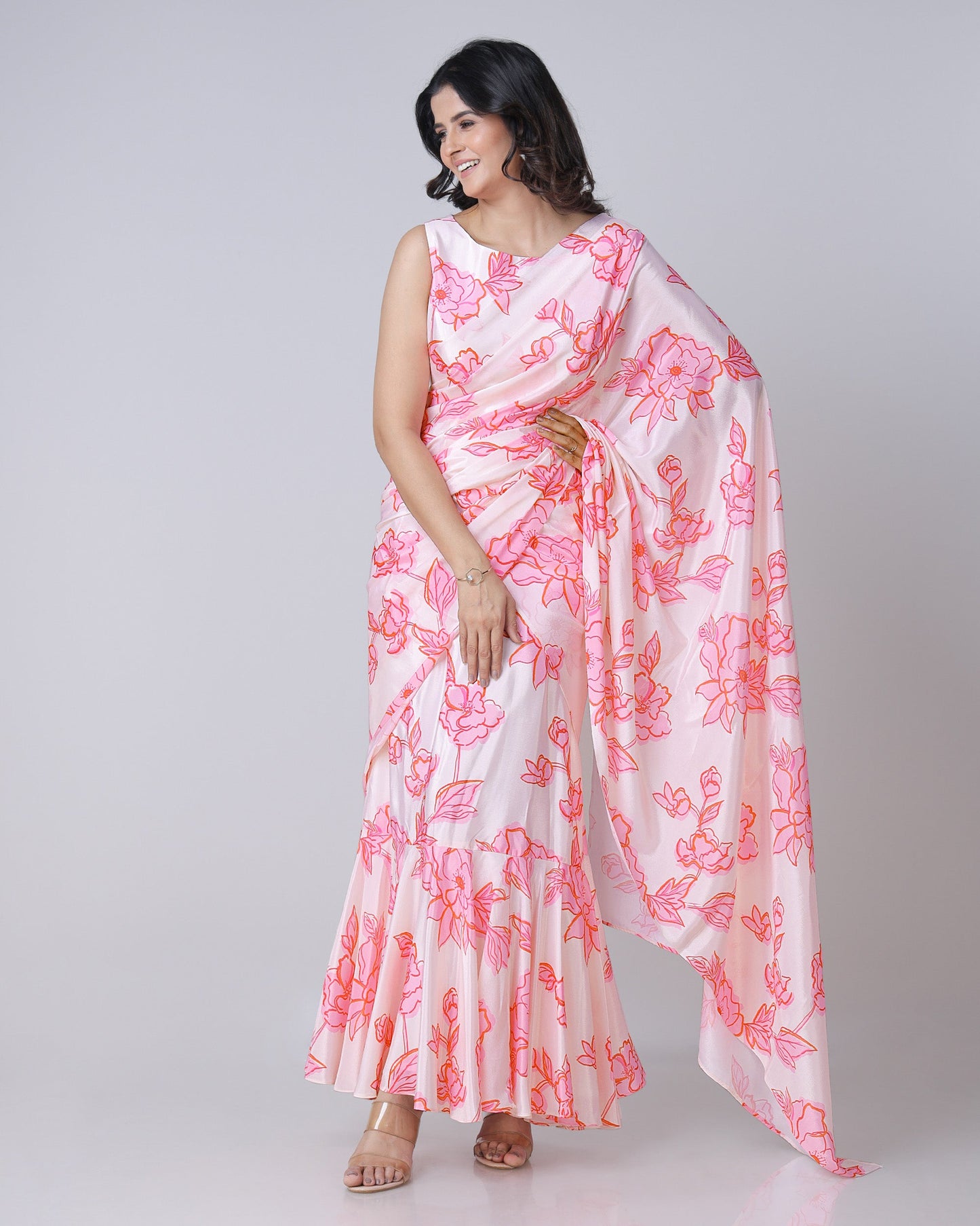 Beautiful White And Pink Floral Pre-Draped Gown Saree For Festive Season