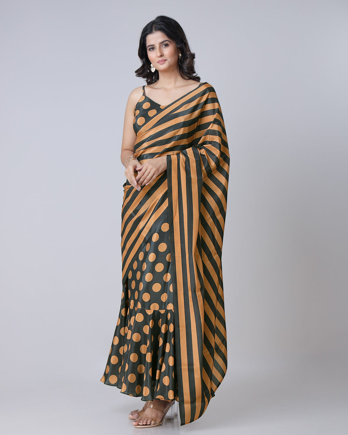 Black And Orange Polkadot Pre-Draped Gown Saree With Stripes Pallu