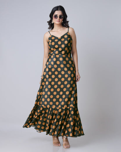 Black And Orange Polkadot Pre-Draped Gown Saree With Stripes Pallu