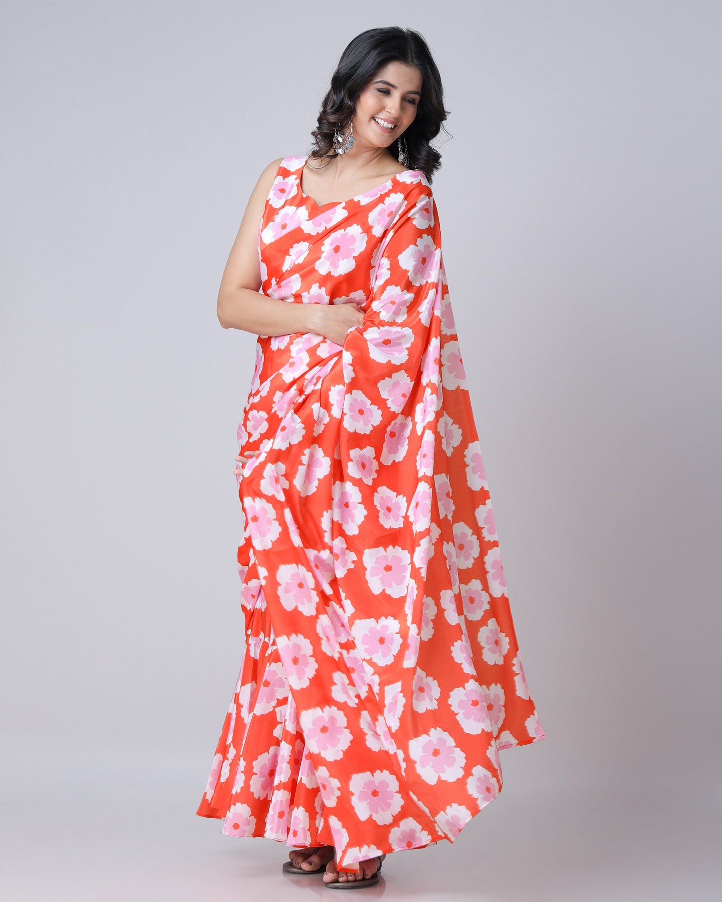 Trendy Red And White Floral Pre-Draped Gown Saree