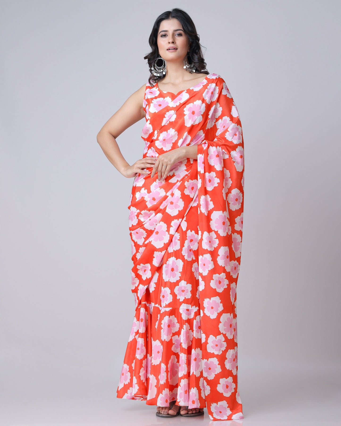 Trendy Red And White Floral Pre-Draped Gown Saree