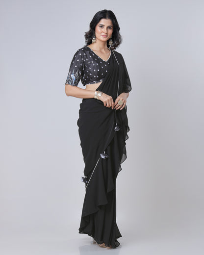 Classic Black Ruffled Designer Pre-Draped Saree
