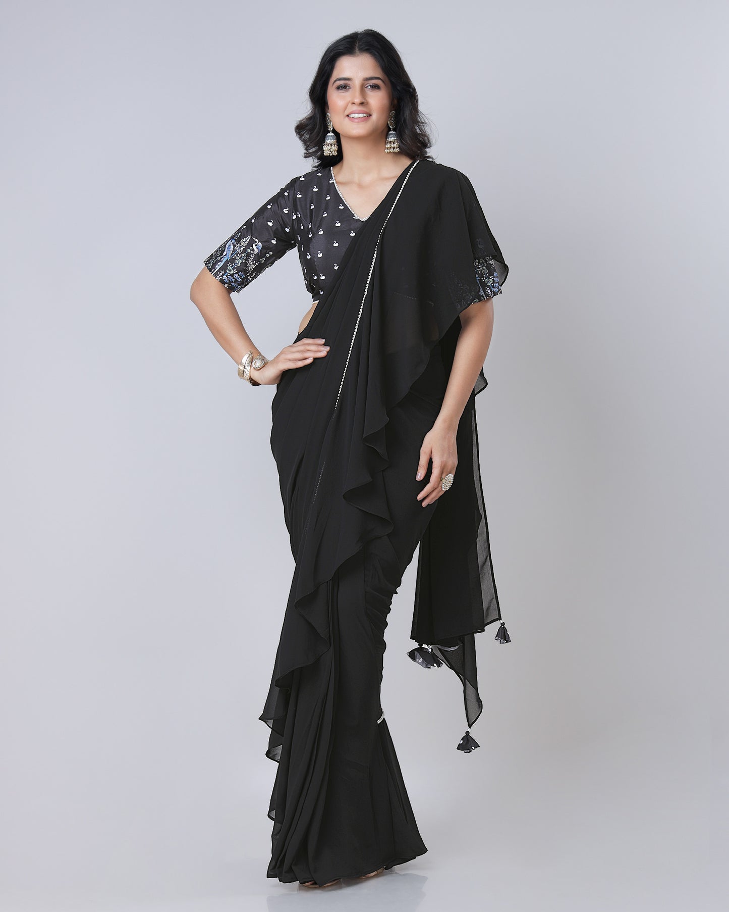 Classic Black Ruffled Designer Pre-Draped Saree