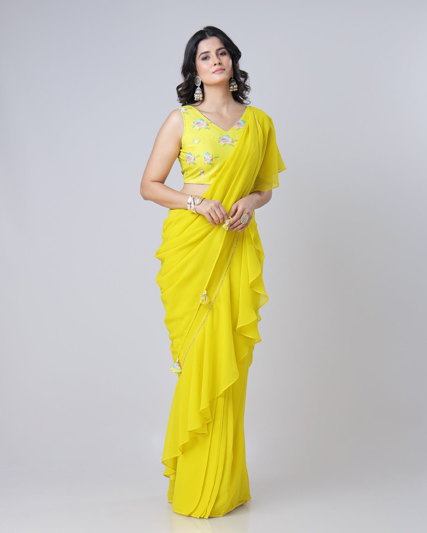 Classic Cadium Yellow Ruffled Designer Pre-Draped Saree