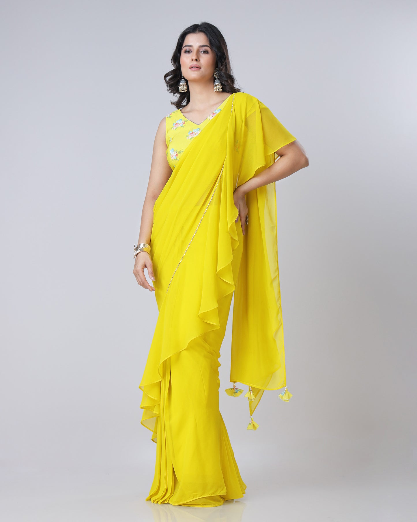 Classic Cadium Yellow Ruffled Designer Pre-Draped Saree