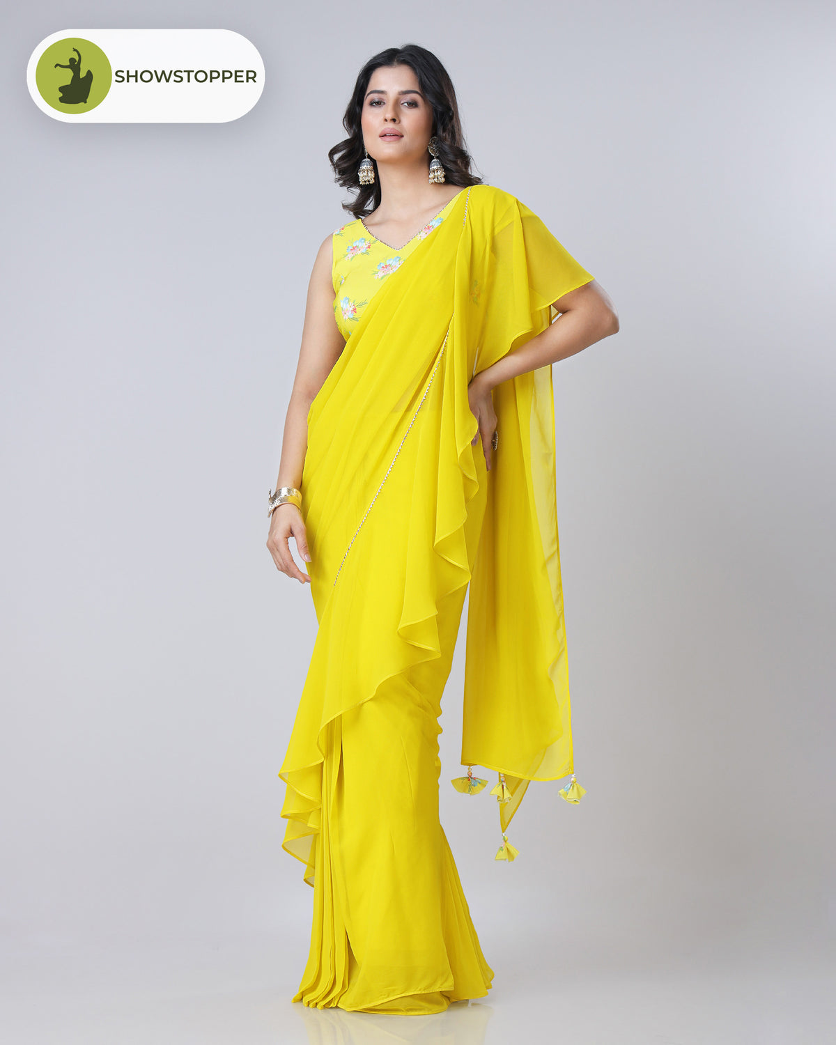 Classic Cadium Yellow Ruffled Designer Pre-Draped Saree