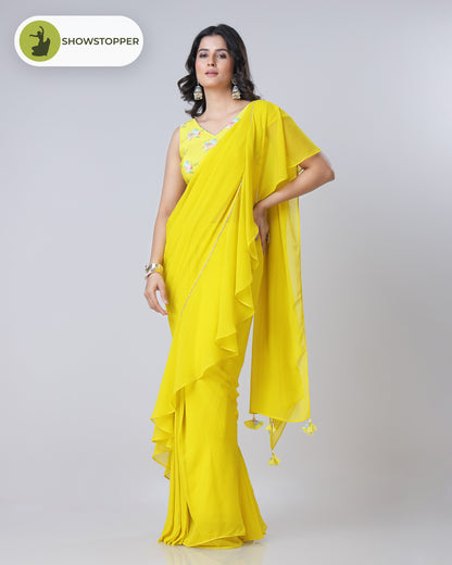Classic Cadium Yellow Ruffled Designer Pre-Draped Saree