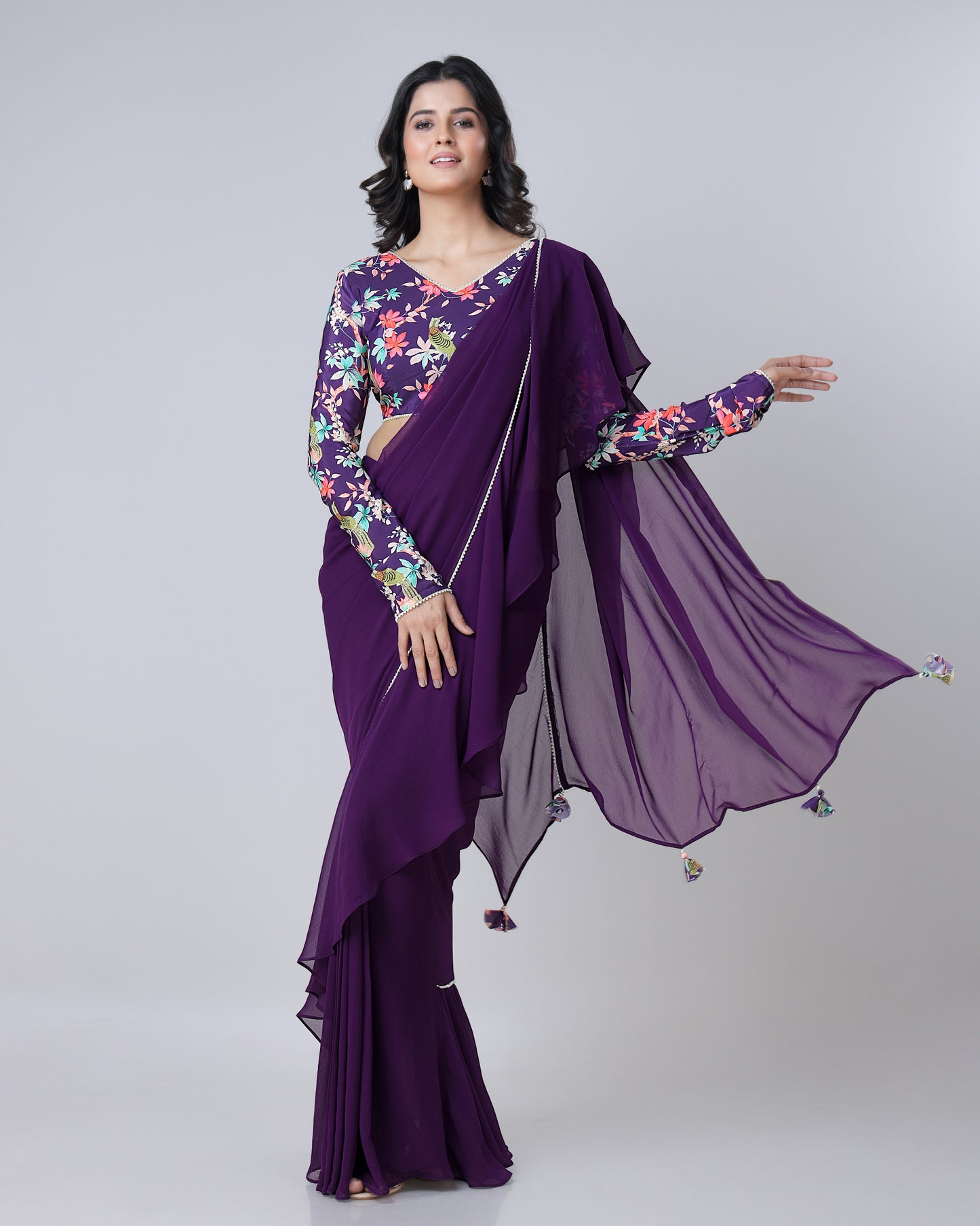 Classic Indiigo Purple Ruffled Designer Pre-Draped Saree