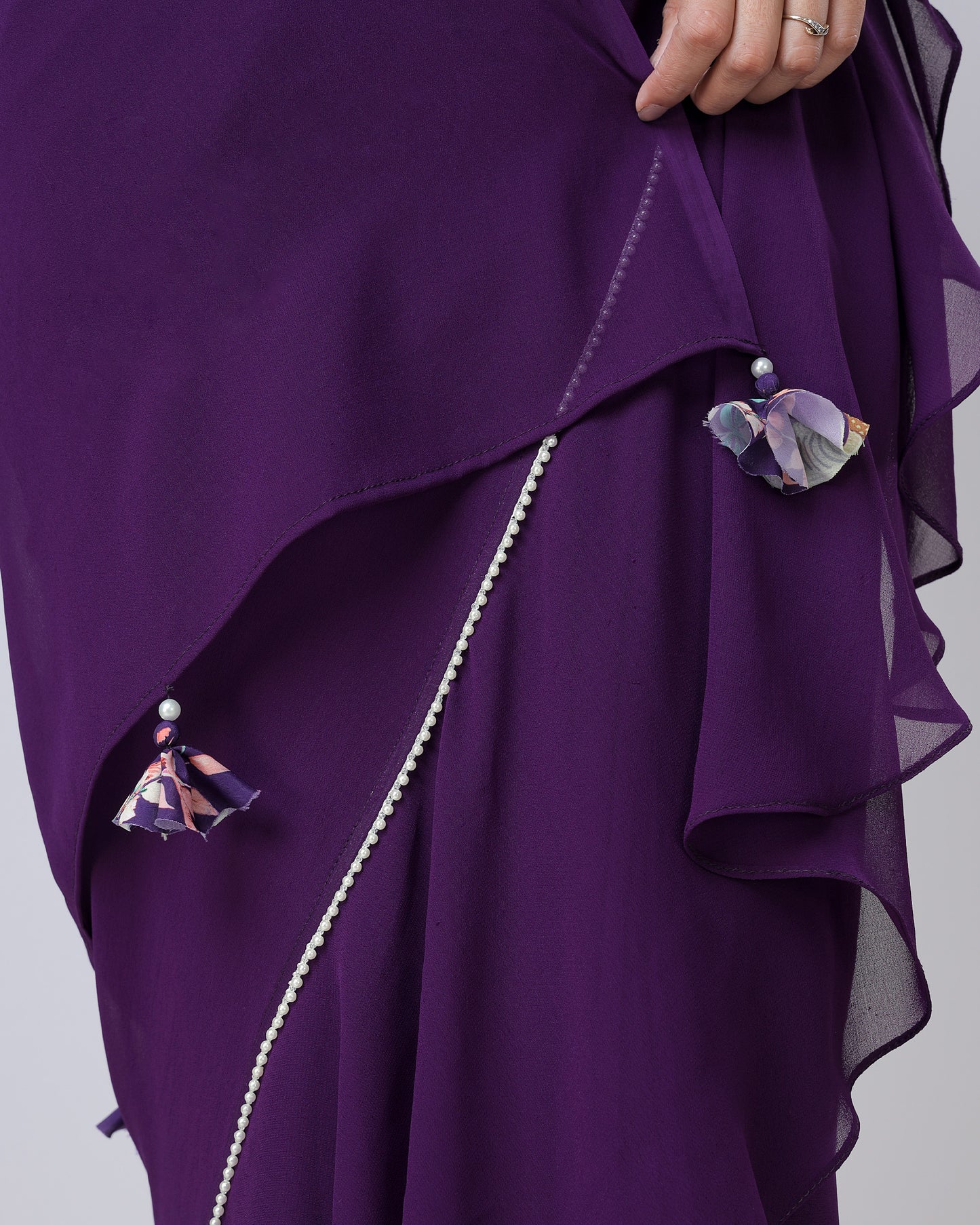 Classic Indiigo Purple Ruffled Designer Pre-Draped Saree