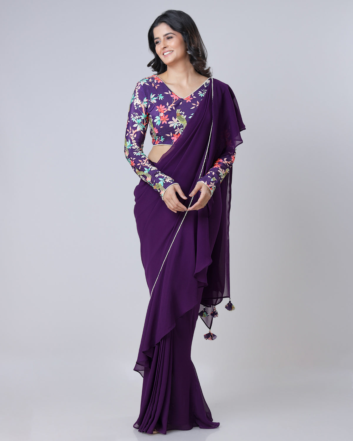 Classic Indigo Purple Ruffled Designer Pre-Draped Saree