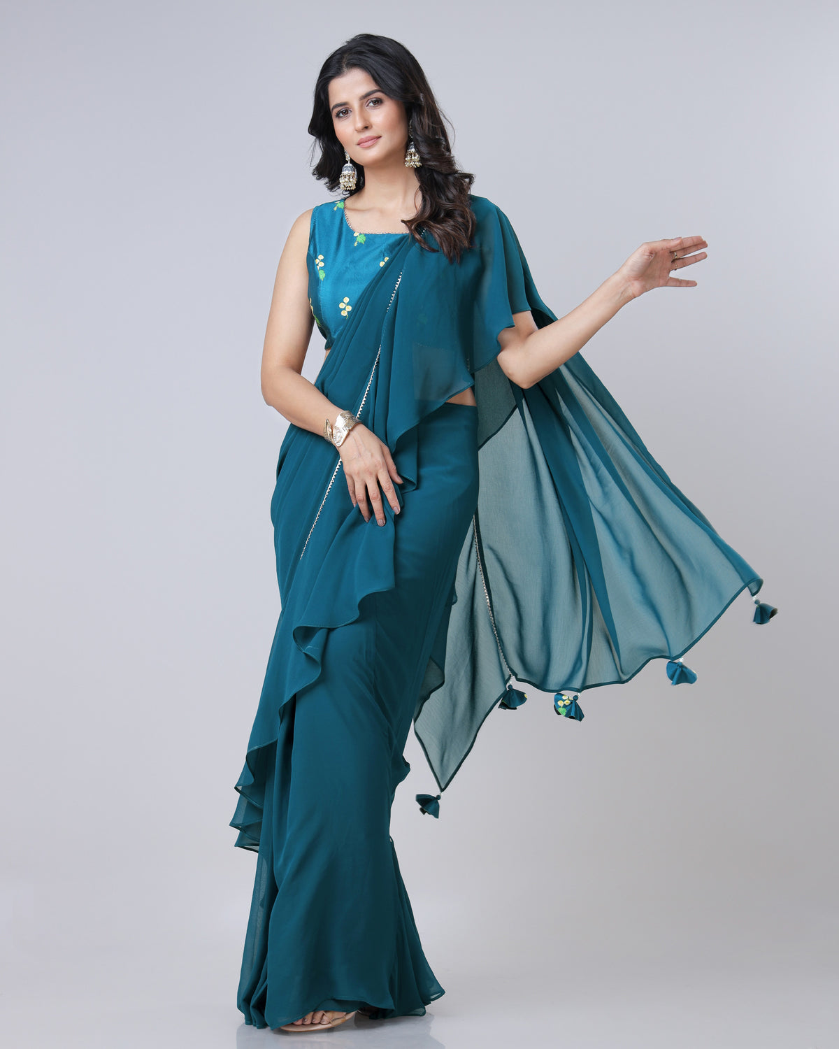 Classic Astronaut Blue Ruffled Designer Pre-Draped Saree