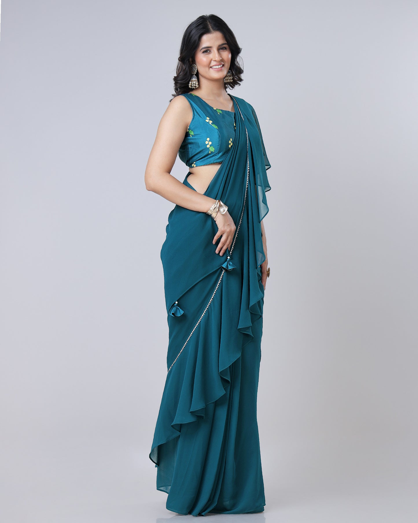 Classic Astronaut Blue Ruffled Designer Pre-Draped Saree