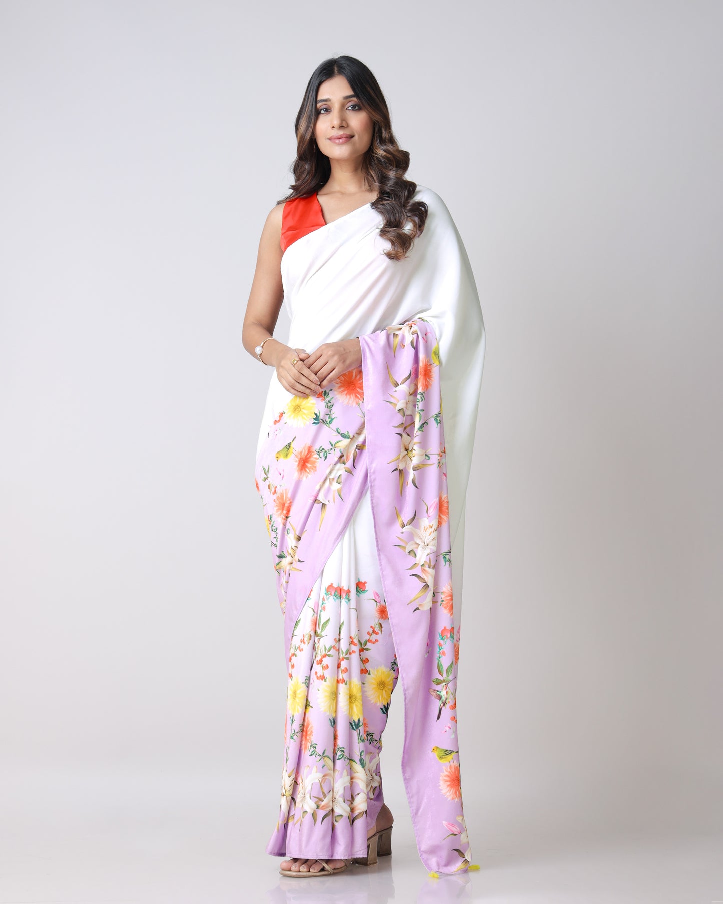 Velvet Pop: White Floral And Lilac Purple Ombrte Premium Velvet Saree