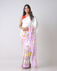 Velvet Pop: White Floral And Lilac Purple Ombrte Premium Velvet Saree