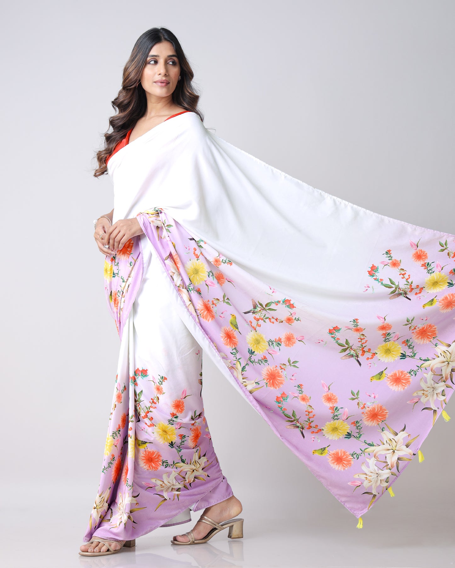 Velvet Pop: White Floral And Lilac Purple Ombrte Premium Velvet Saree