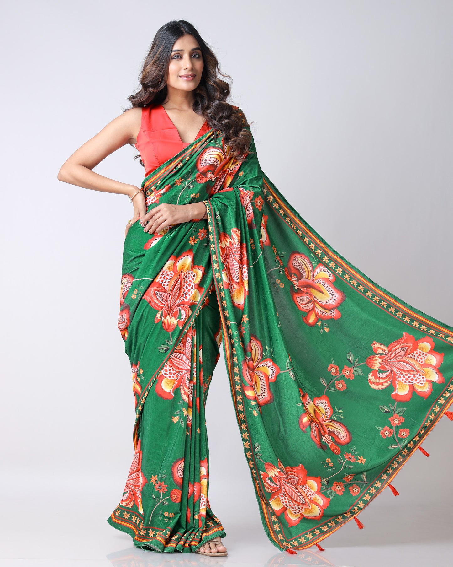 Velvet Pop: Emerald Green And Red Floral Premium Velvet Saree