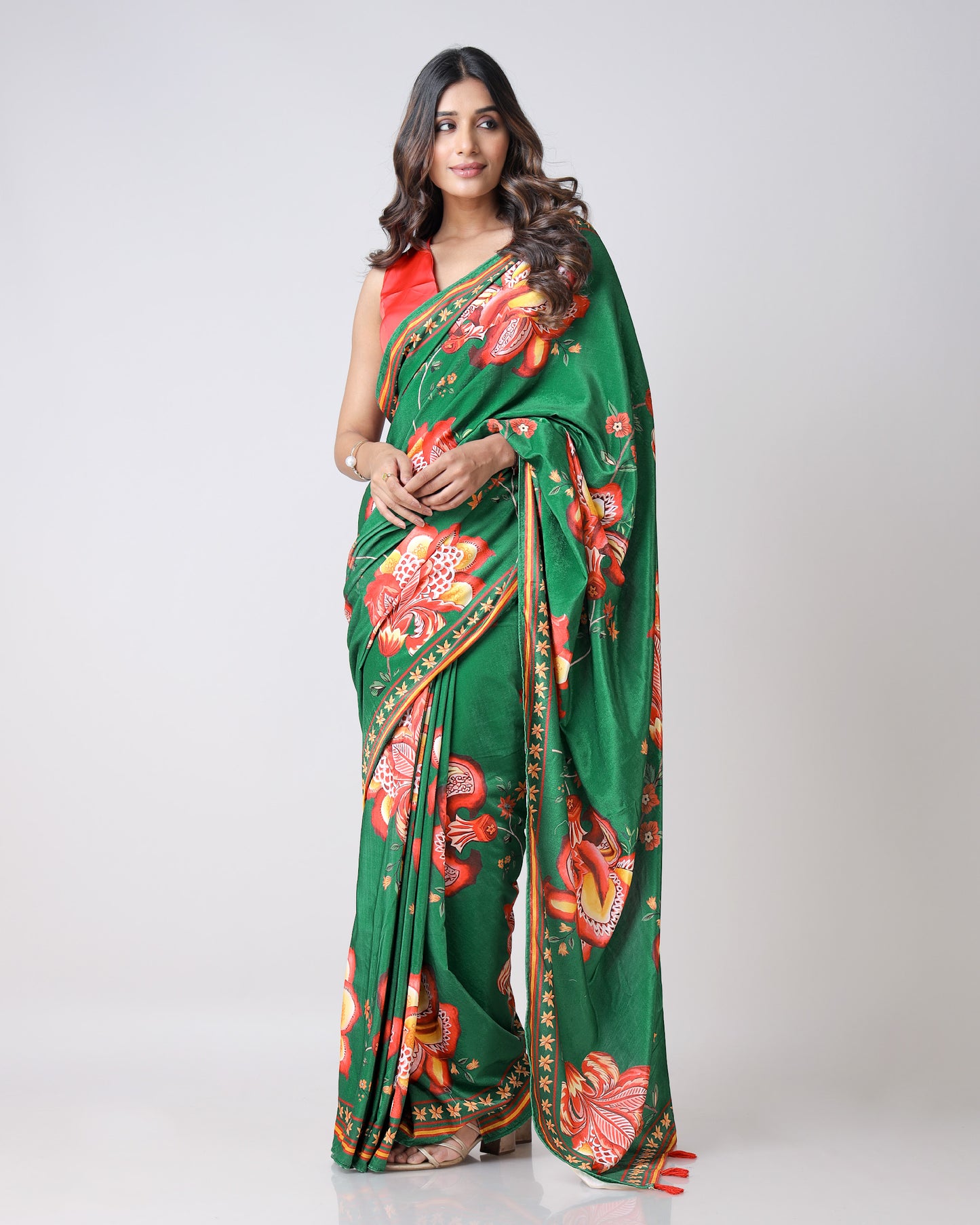 Velvet Pop: Emerald Green And Red Floral Premium Velvet Saree