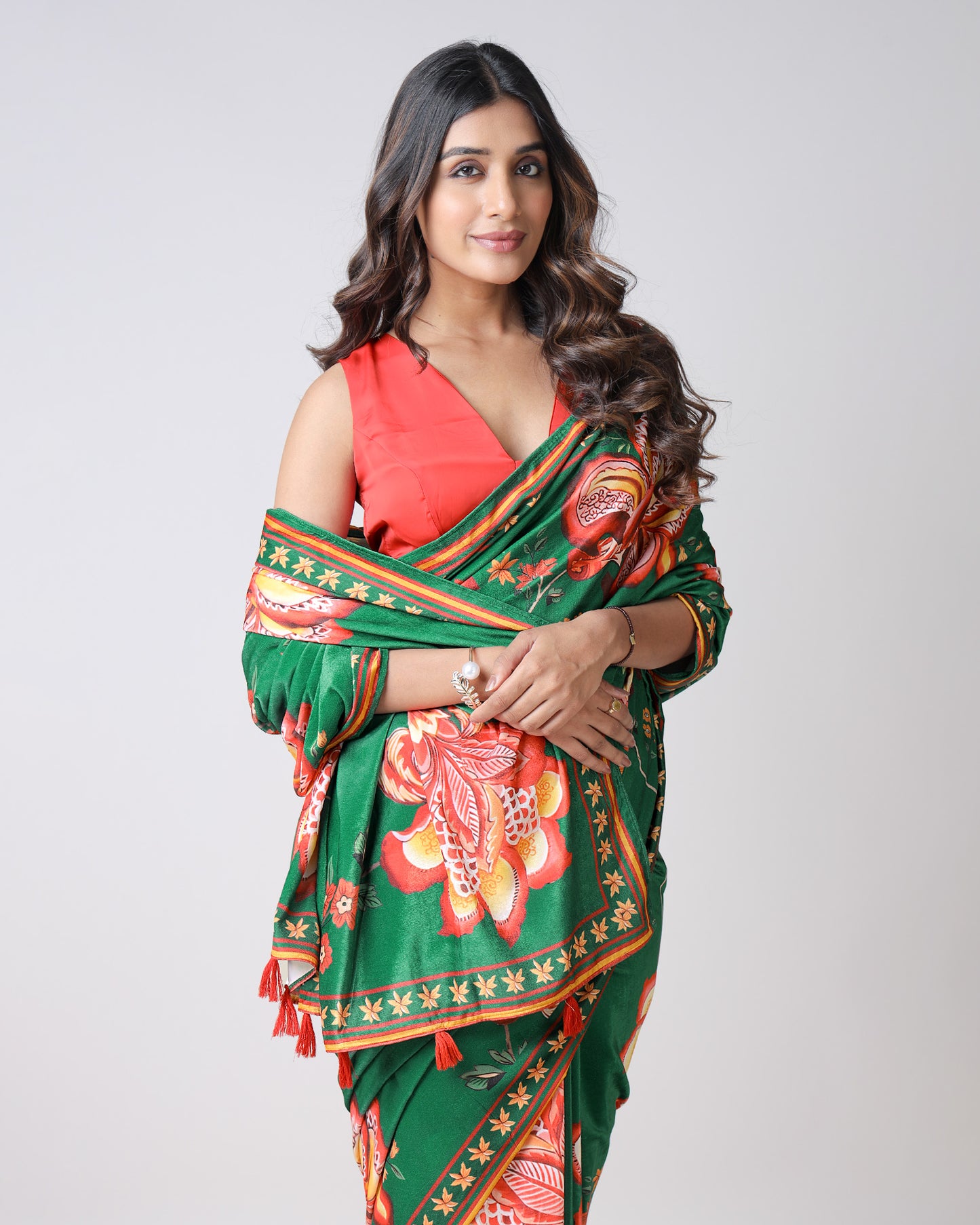 Velvet Pop: Emerald Green And Red Floral Premium Velvet Saree