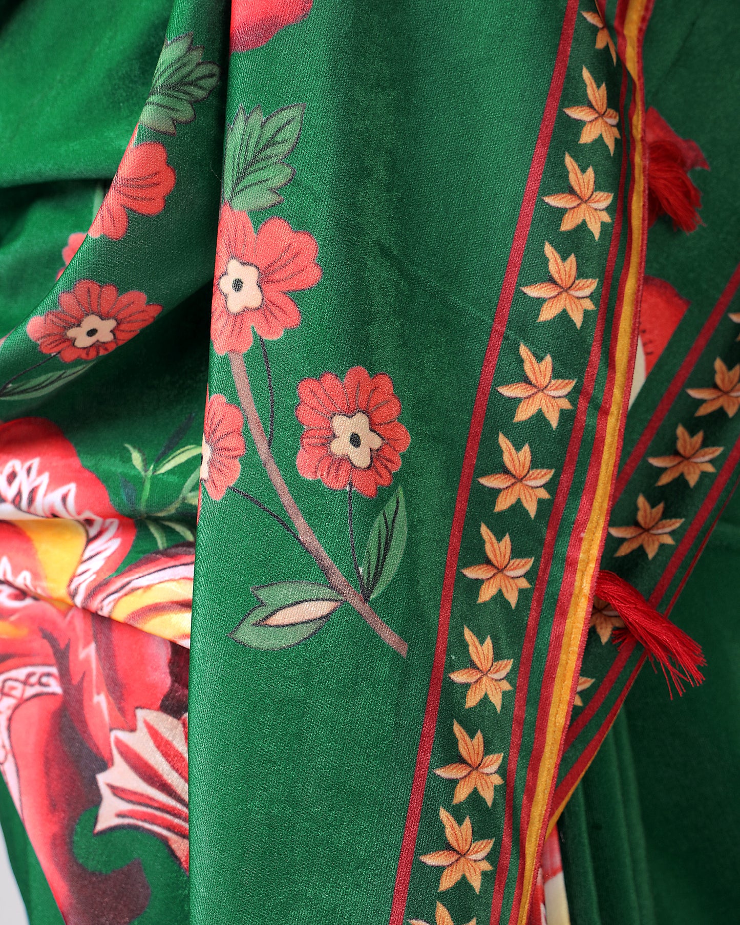 Velvet Pop: Emerald Green And Red Floral Premium Velvet Saree