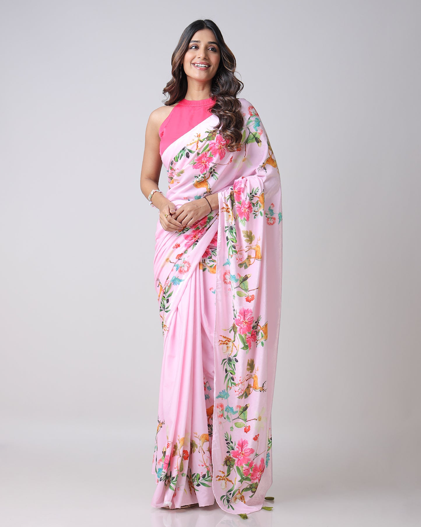 Velvet Pop: Blush Pink Floral Floral Premium Velvet Saree