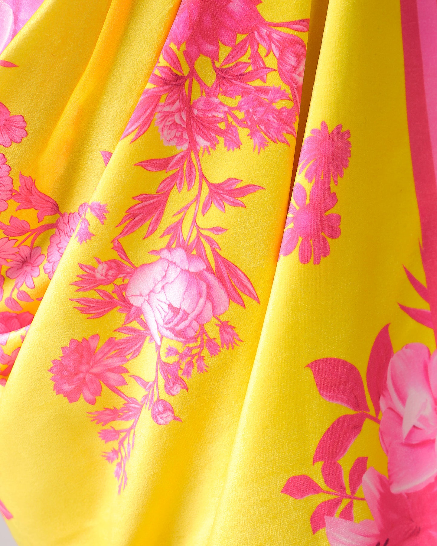 Velvet Pop: Cyber Yellow Pink Floral Premium Velvet Saree