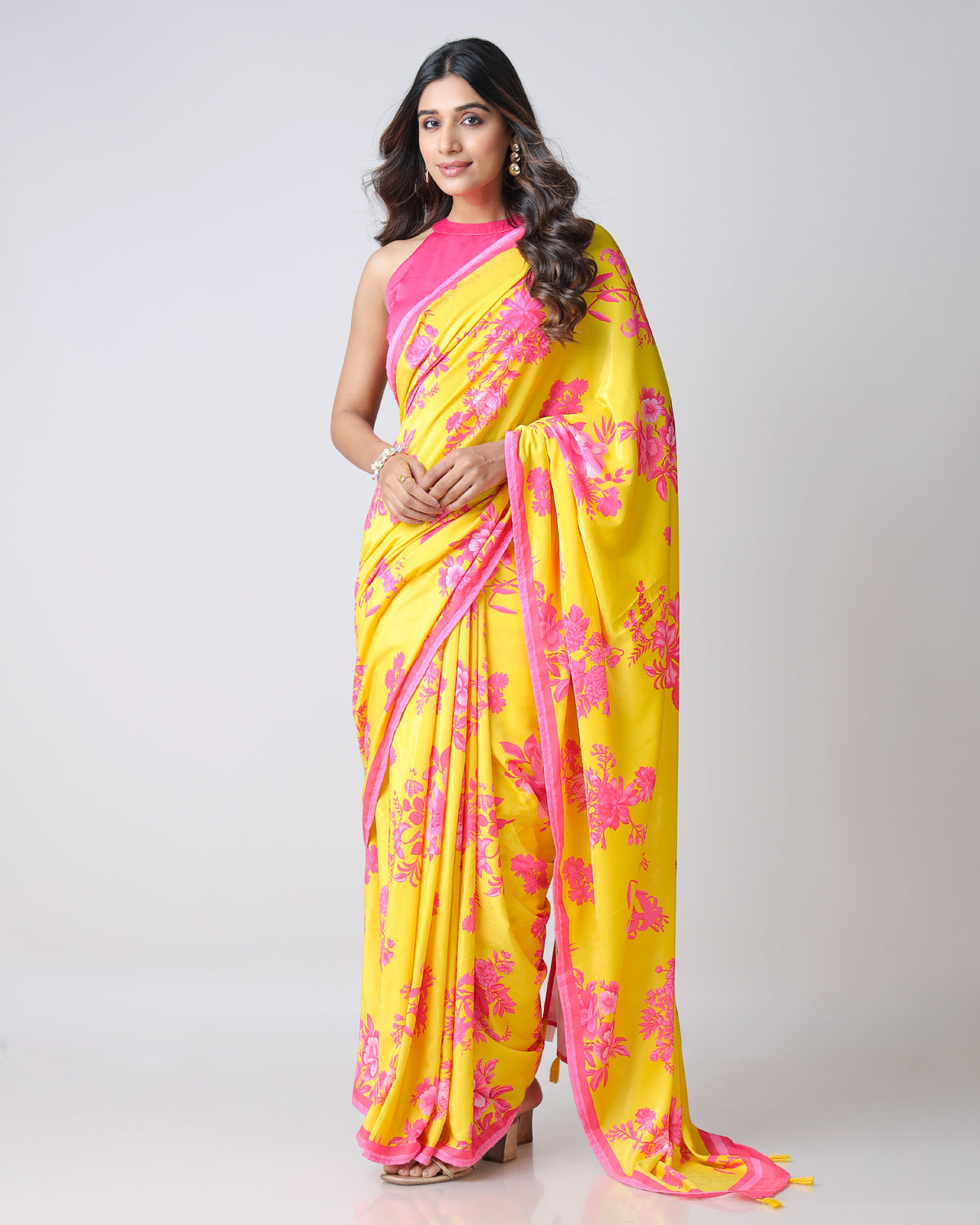 Velvet Pop: Cyber Yellow Pink Floral Premium Velvet Saree