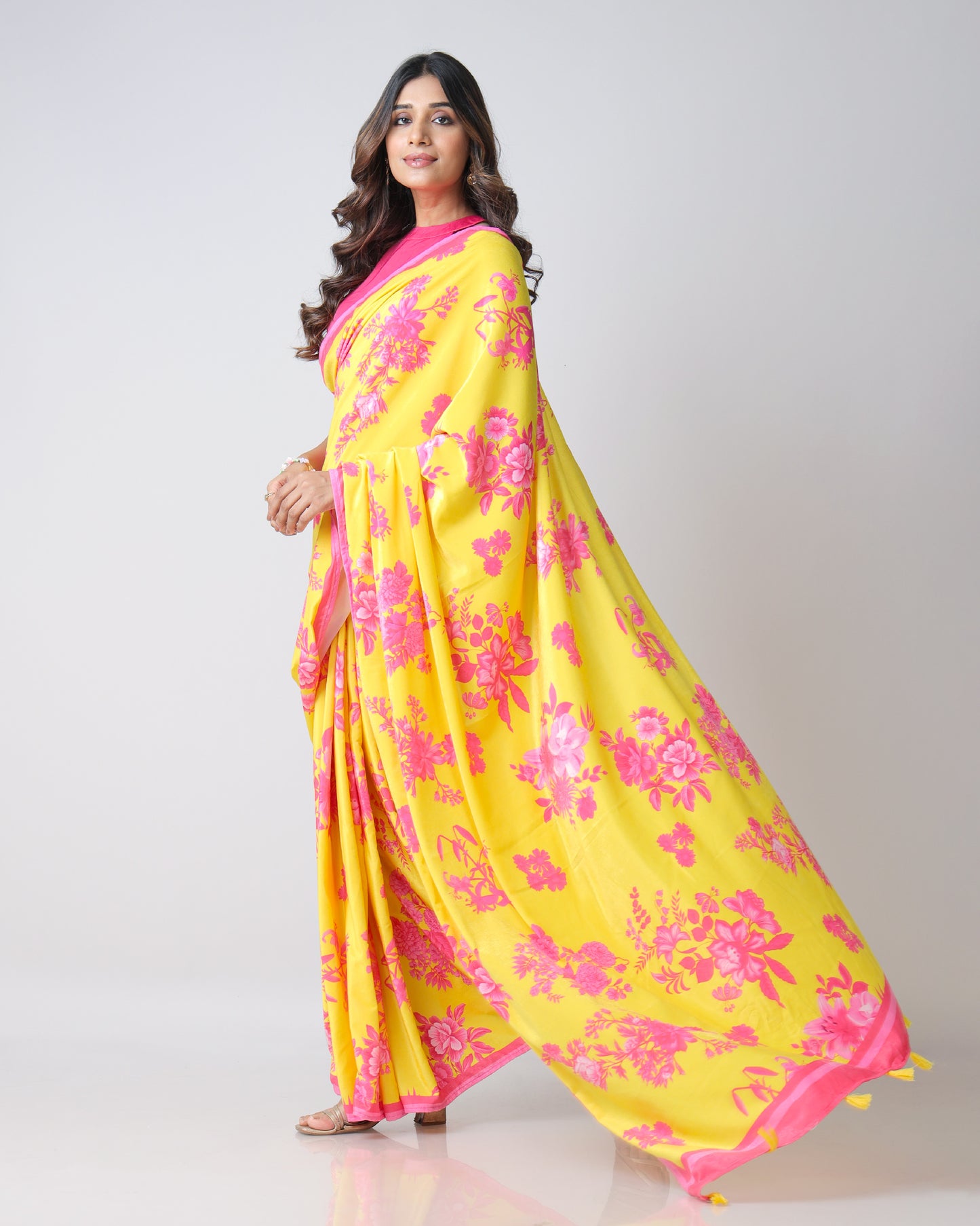 Velvet Pop: Cyber Yellow Pink Floral Premium Velvet Saree