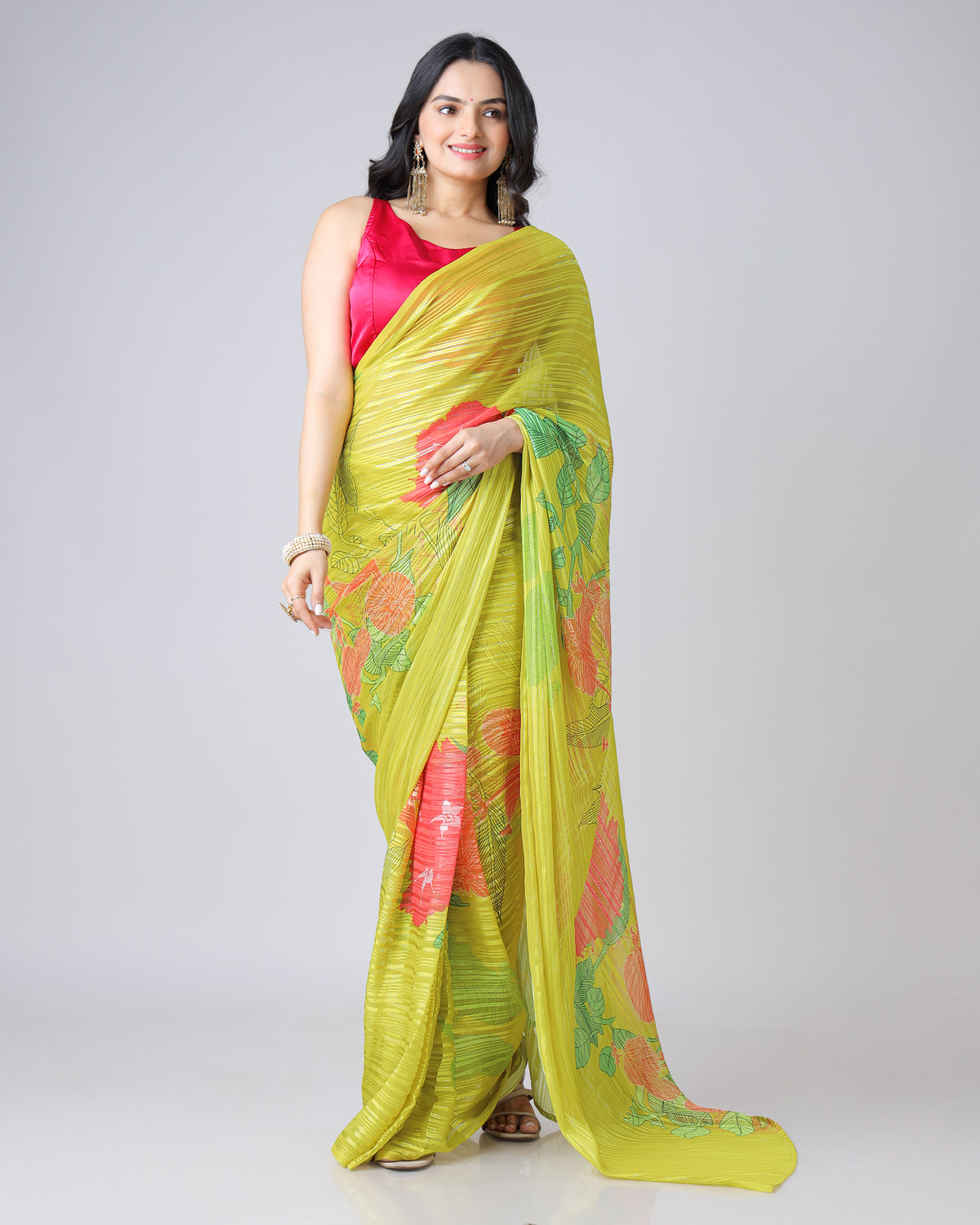 Shine Bright: Yellow Floral Georgette Saree with Embellished Silver Lurex