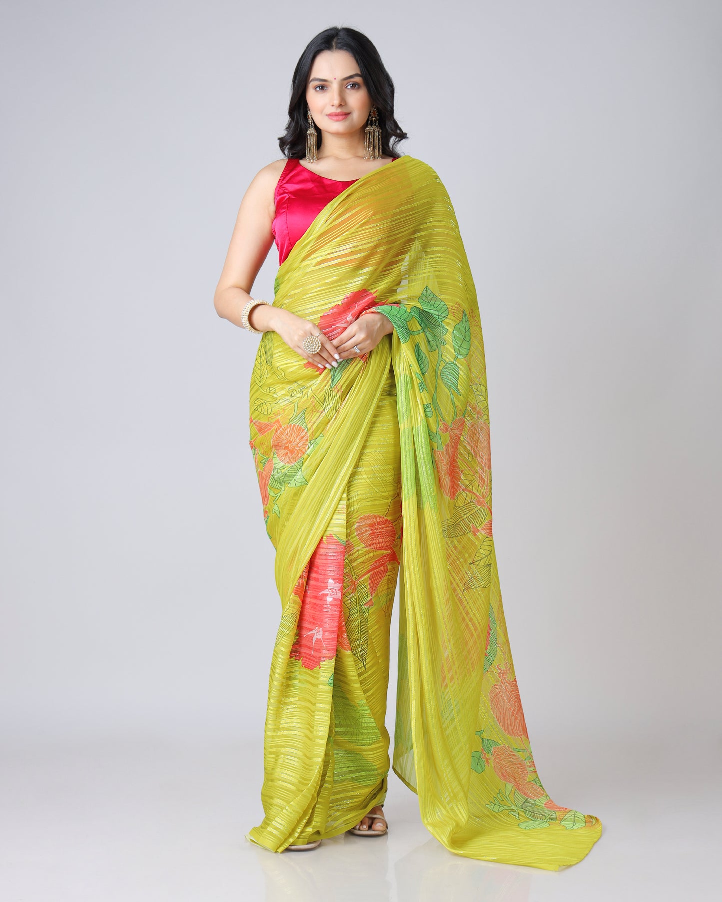 Shine Bright: Yellow Floral Georgette Saree with Embellished Silver Lurex