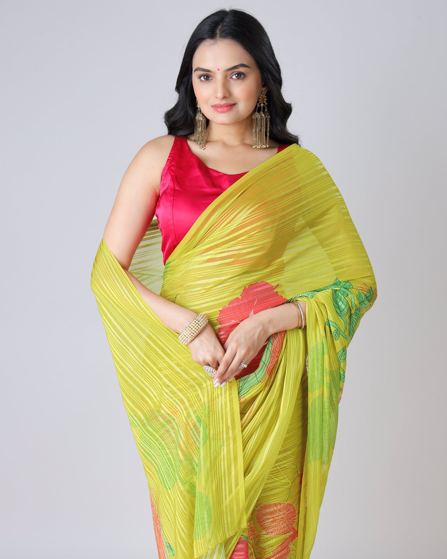 Shine Bright: Yellow Floral Georgette Saree with Embellished Silver Lurex