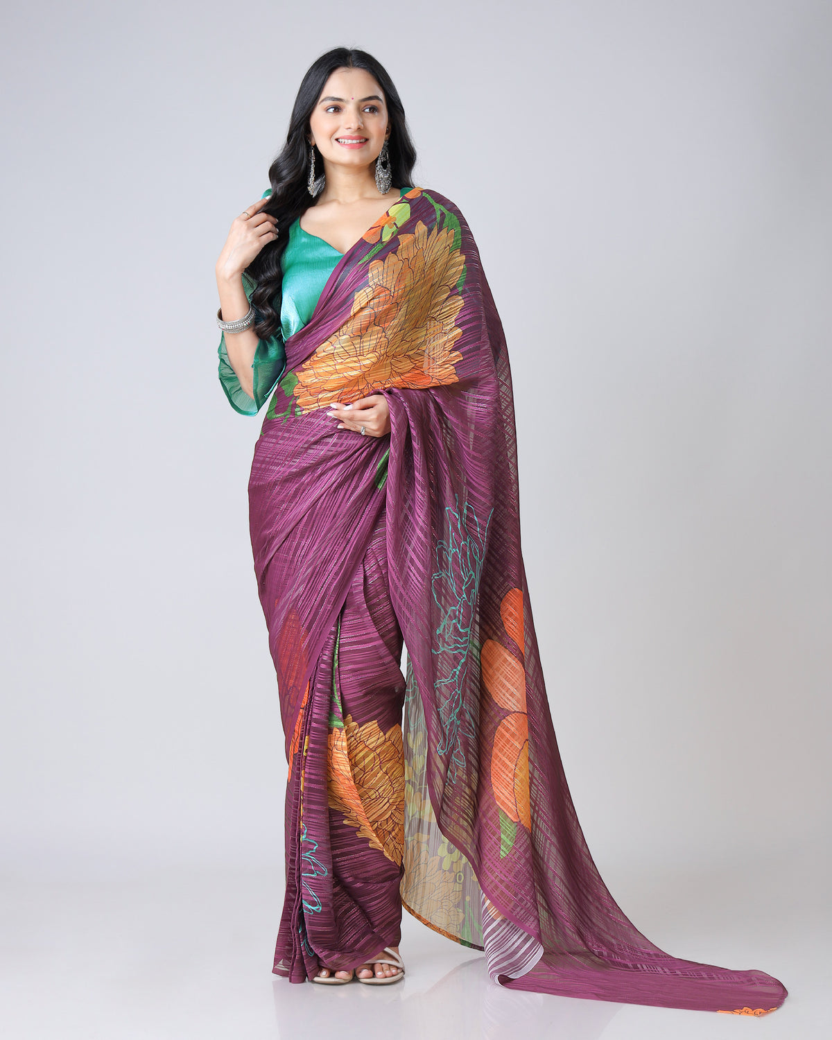 Mystic Wine: Floral Georgette Saree with Embellished Silver Lurex