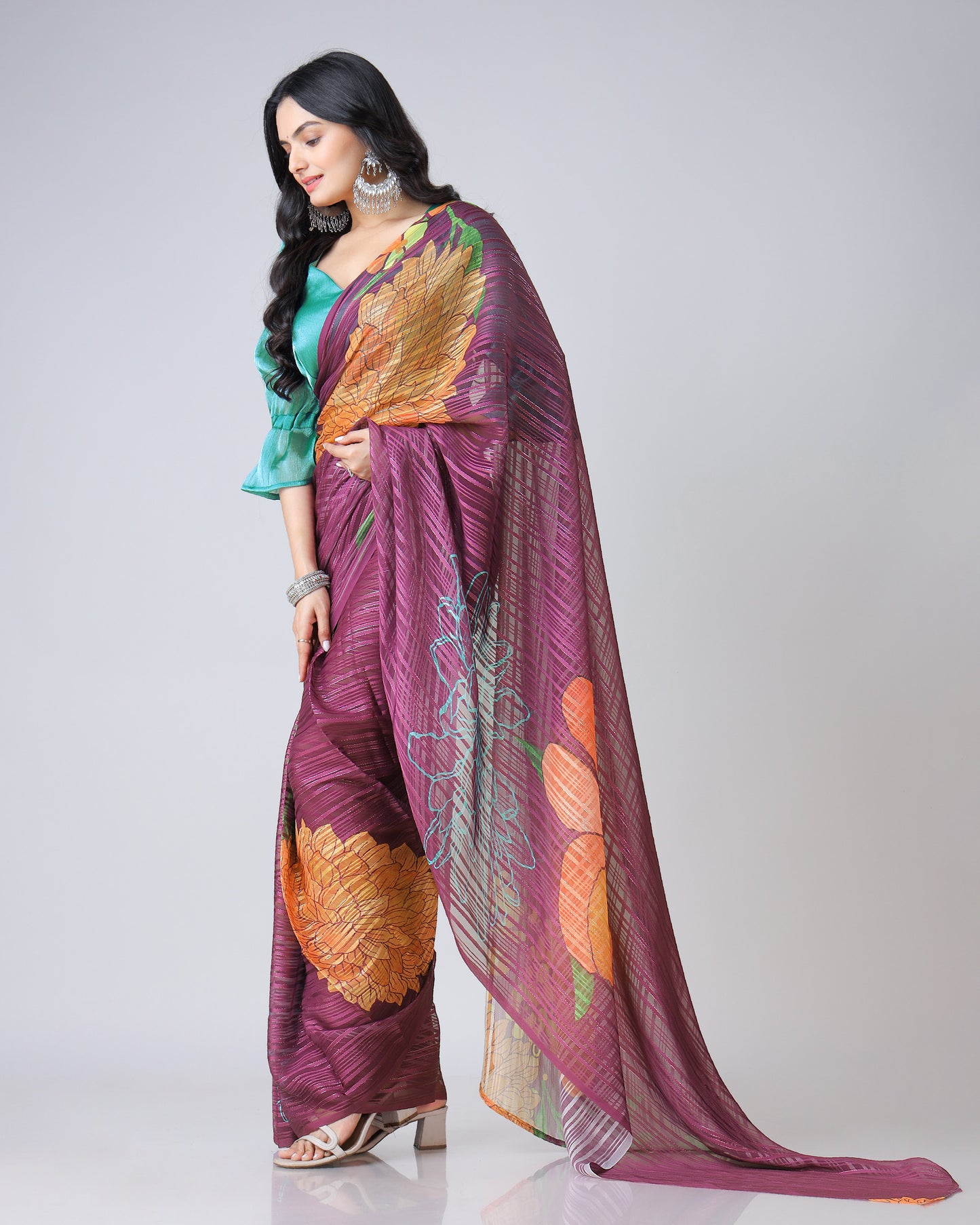 Mystic Wine: Floral Georgette Saree with Embellished Silver Lurex