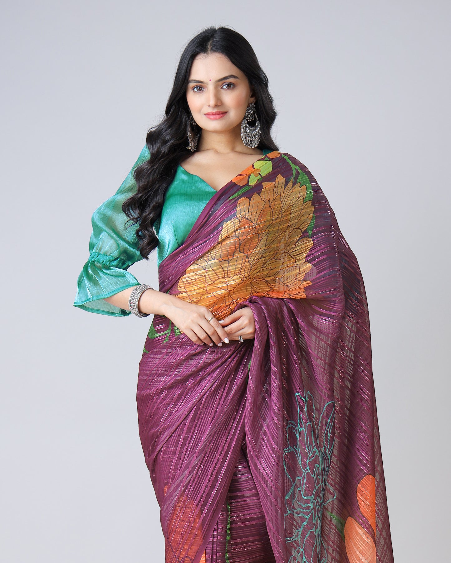 Mystic Wine: Floral Georgette Saree with Embellished Silver Lurex