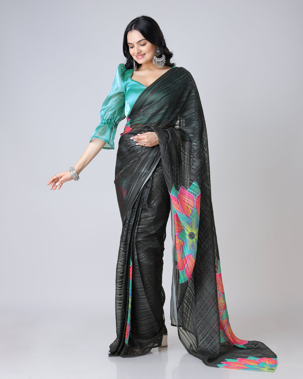 Luxurious Black: Floral Georgette Saree with Embellished Silver Lurex