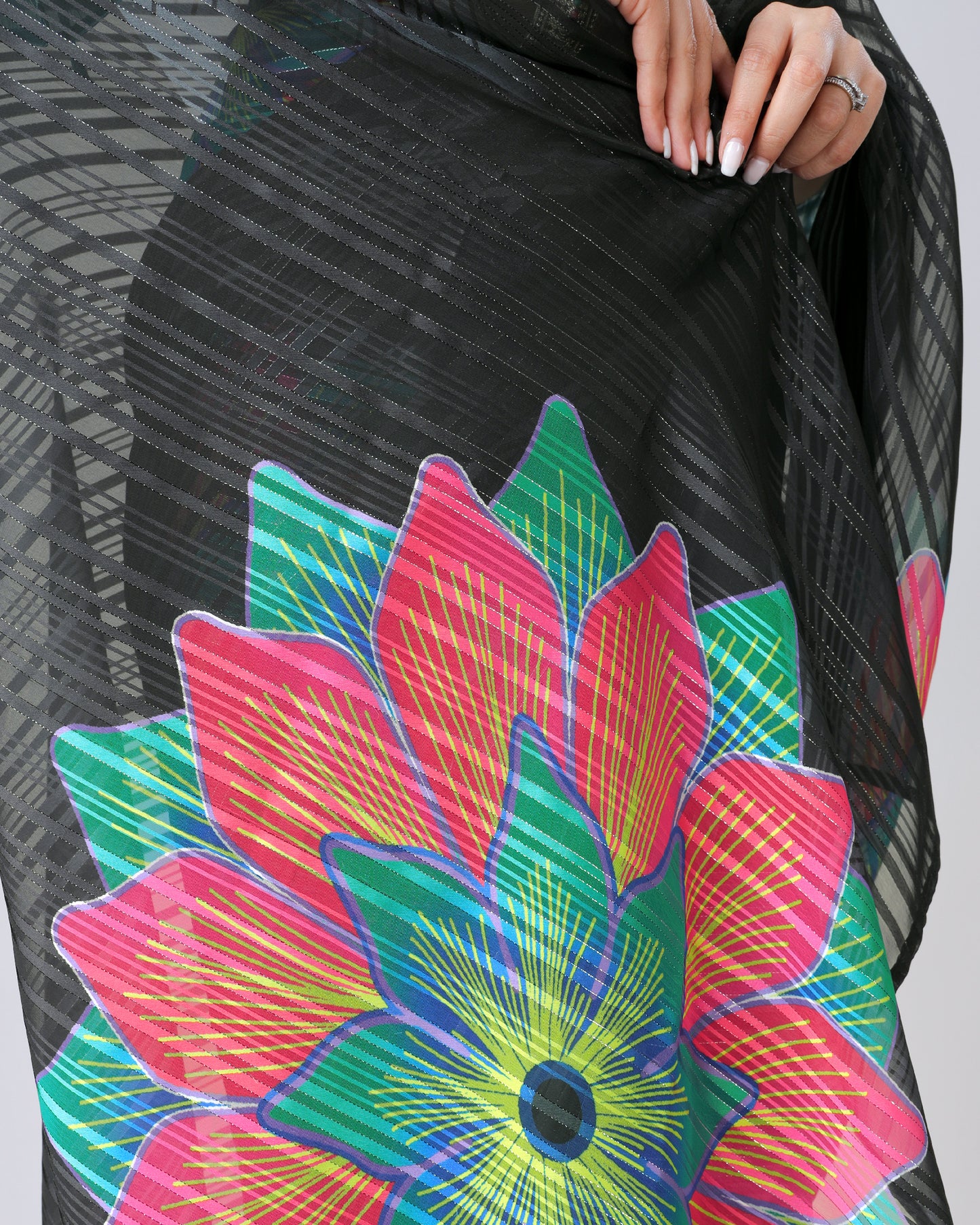 Luxurious Black: Floral Georgette Saree with Embellished Silver Lurex