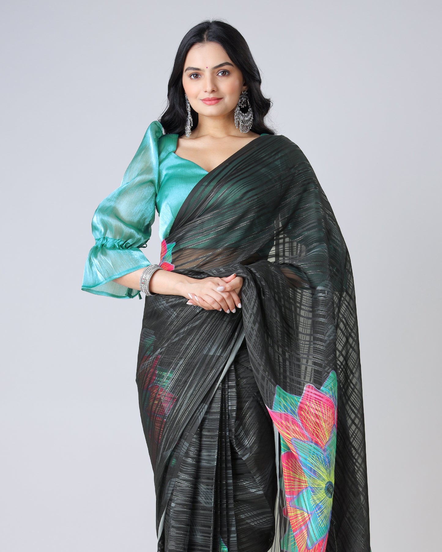 Luxurious Black: Floral Georgette Saree with Embellished Silver Lurex