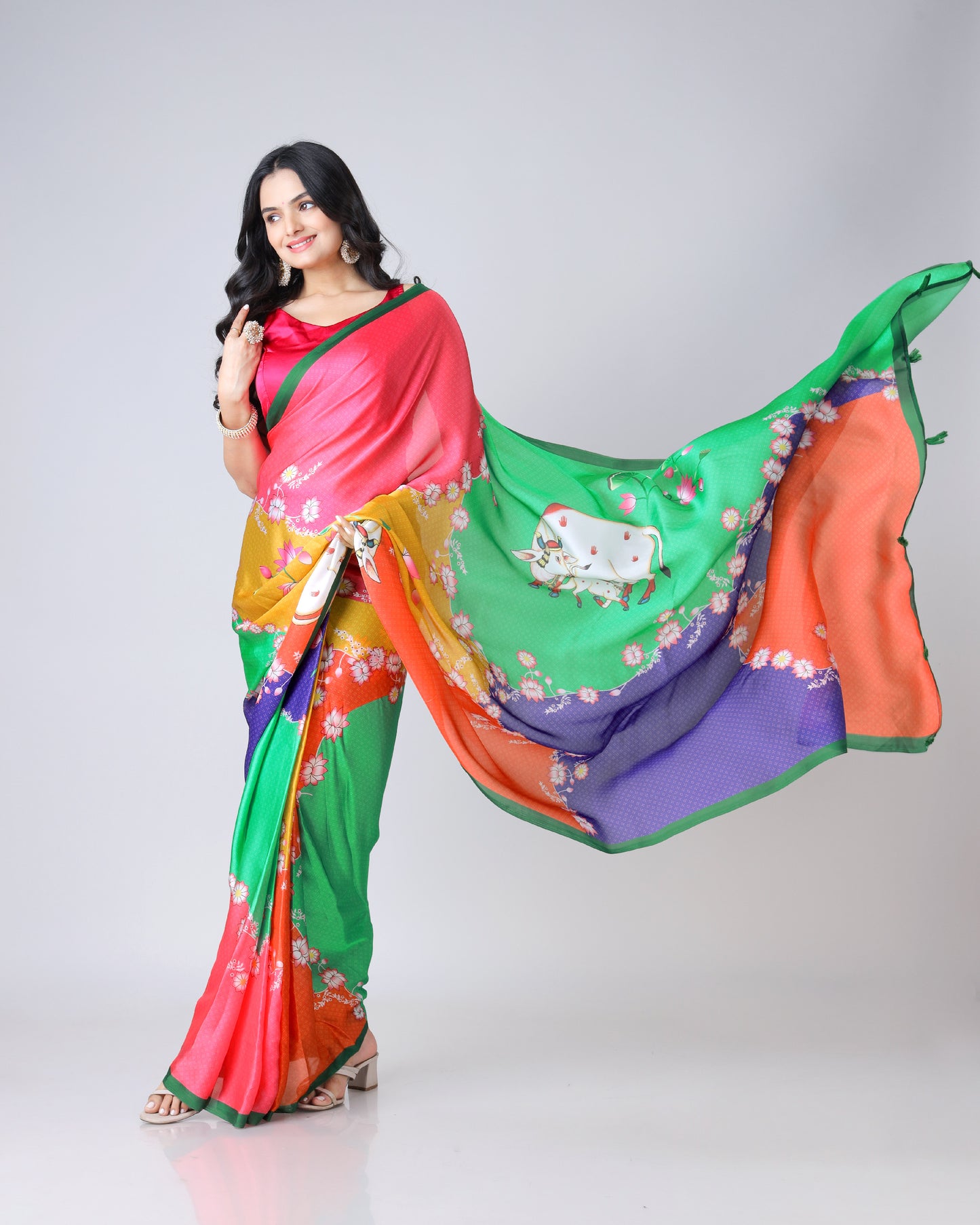 Celebrate Tradition: Elegant Pichwaii Art Georgette Satin Saree