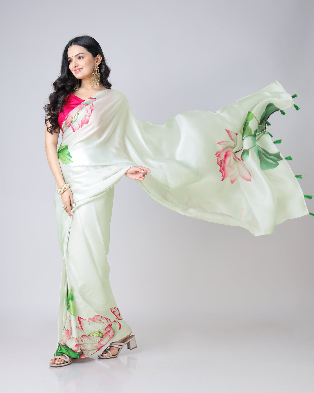 Wearable Art: Mint Green Lotus Pichwaii Georgette Satin Saree