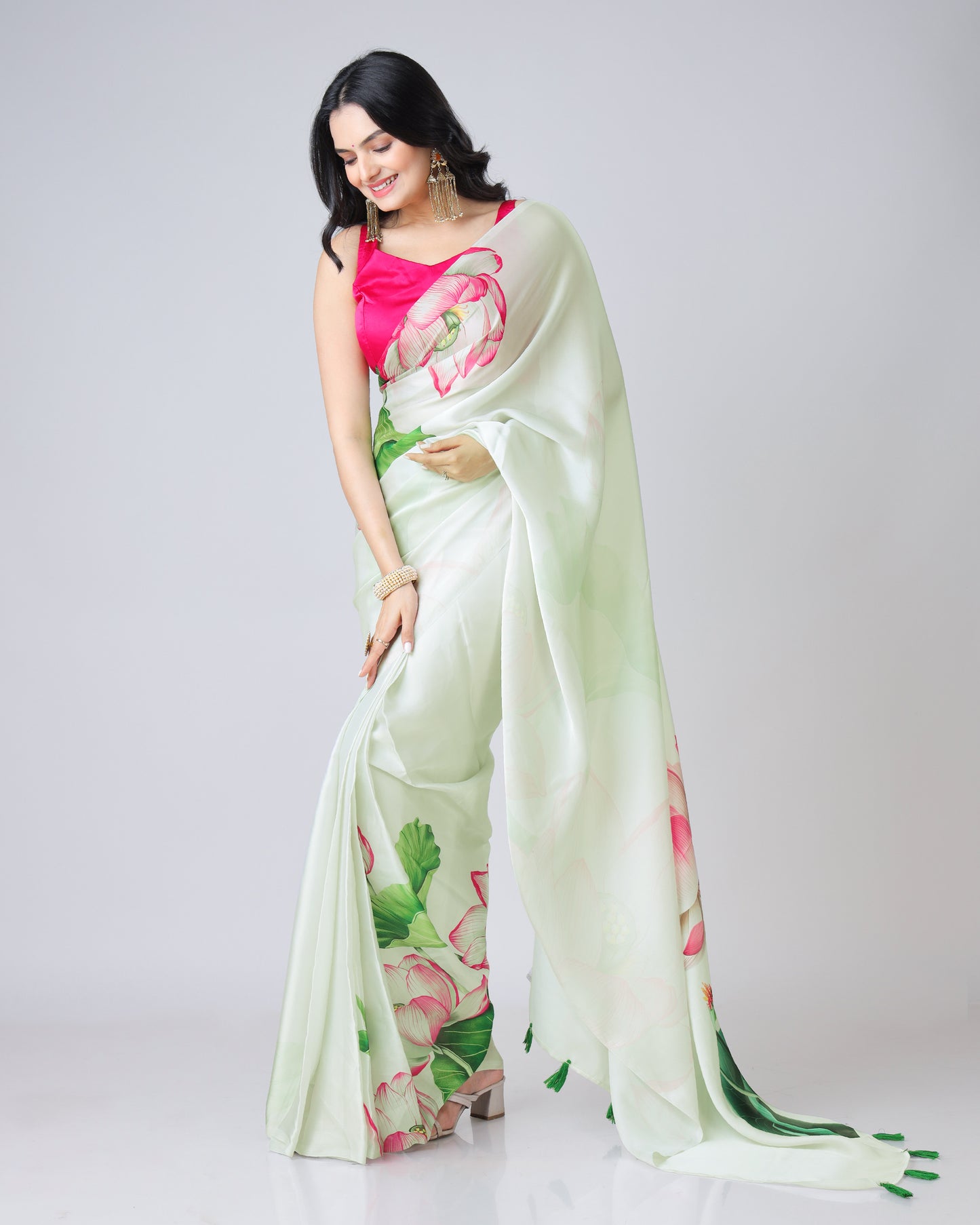 Wearable Art: Mint Green Lotus Pichwaii Georgette Satin Saree