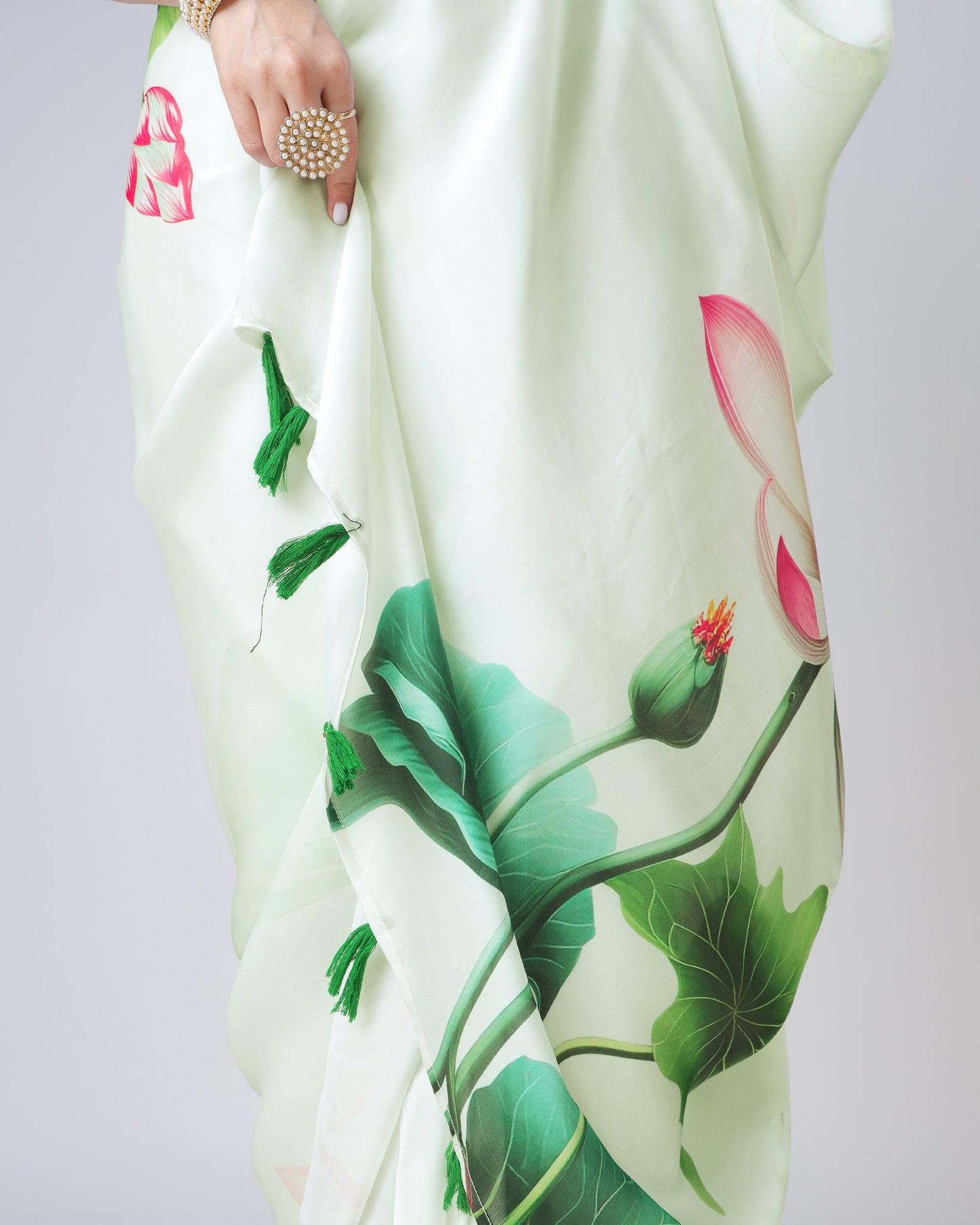 Wearable Art: Mint Green Lotus Pichwaii Georgette Satin Saree