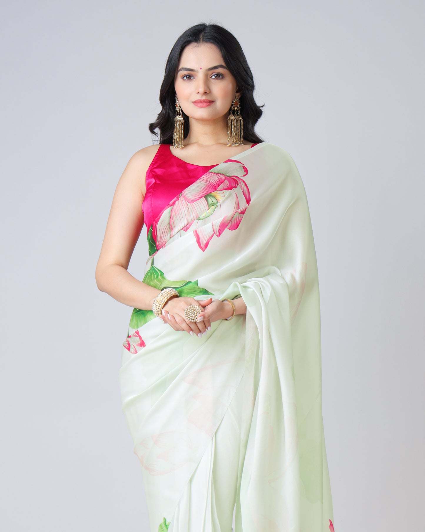 Wearable Art: Mint Green Lotus Pichwaii Georgette Satin Saree