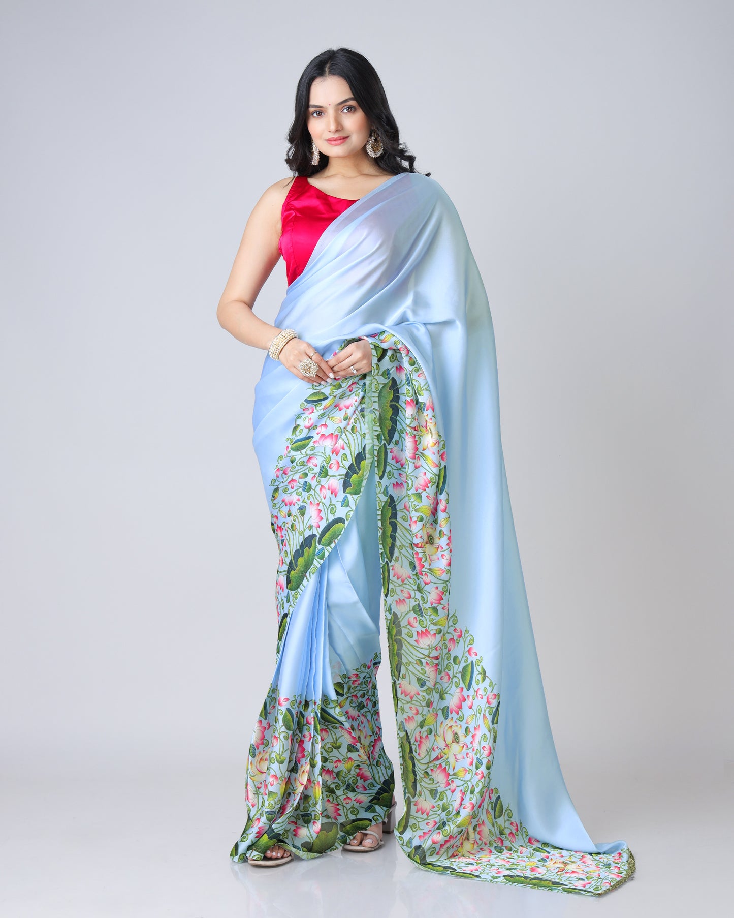 Heritage Elegance: Georgette Satin Saree with Pichwaii Art Border With Pallu Lace