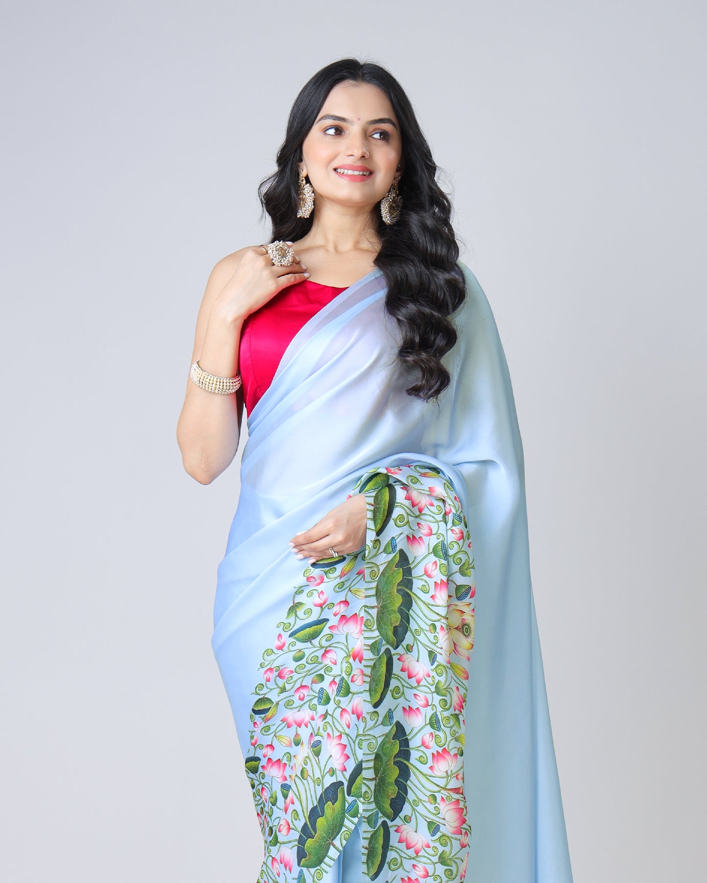 Heritage Elegance: Georgette Satin Saree with Pichwaii Art Border With Pallu Lace