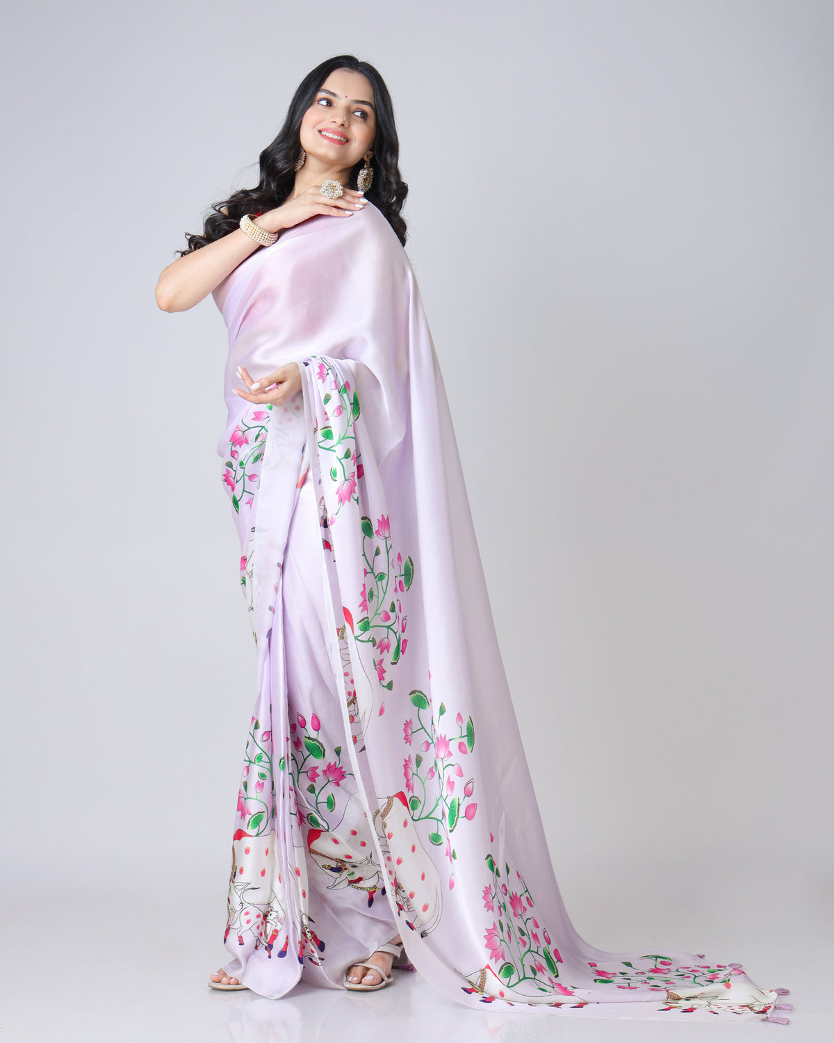 A Touch of Tradition: Georgette Satin Saree with Pichwaii Art